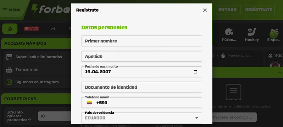 formulario de registro Forbet apuestas